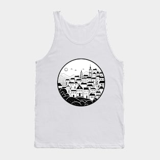 Monochrome Mediterranean Townscape Circle Art Tank Top